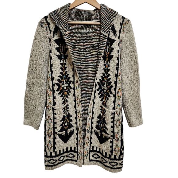 On Blue Hooded Cardigan Sweater Women S Tan Black Aztec Tribal Bohemian Western - Picture 1 of 13